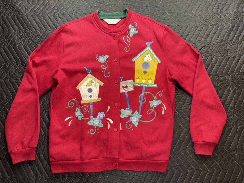 Vtg 90s Country Primitive Cottage-core Granny Bird Flower Cardigan Sweatshirt